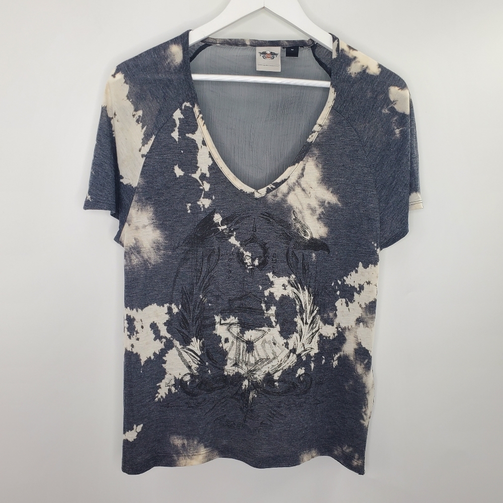 Harley-Davidson Sheer Chiffon Back Raglan Sleeve Top Graphic Tee V Black Tie Dye - Picture 1 of 6